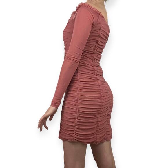 Majorelle Pink Off the Shoulder Long Sleeve Ruched Mini Dress - Picture 2 of 6